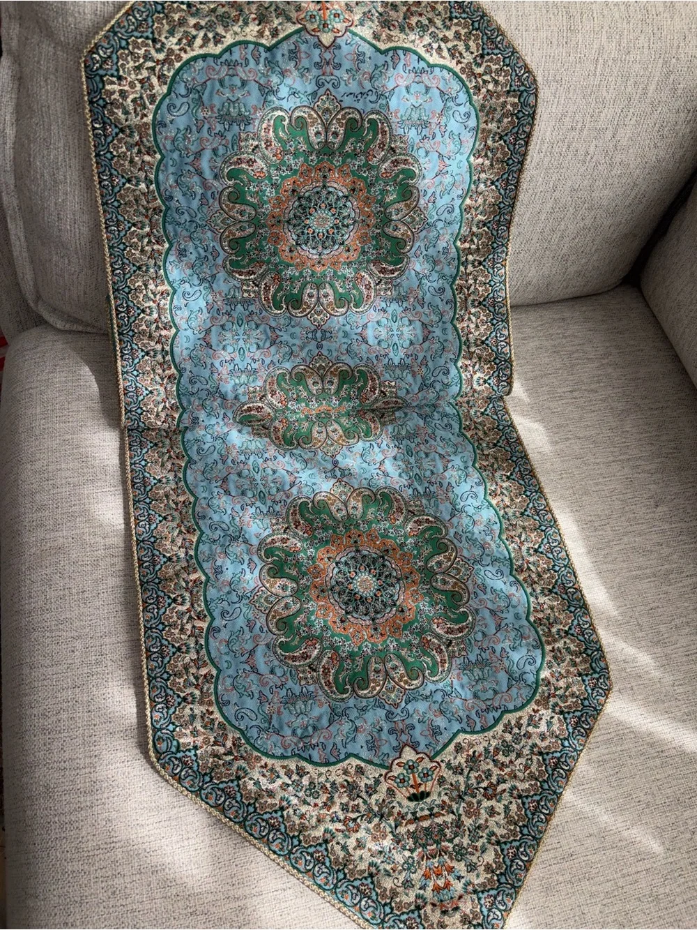 Fine Textile Woven Turquoise, Gold, and Green Decorative Table Runner